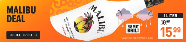 1 liter malibu van &euro;19,99 nu voor &euro;15,99 nu met gratis zonnebril